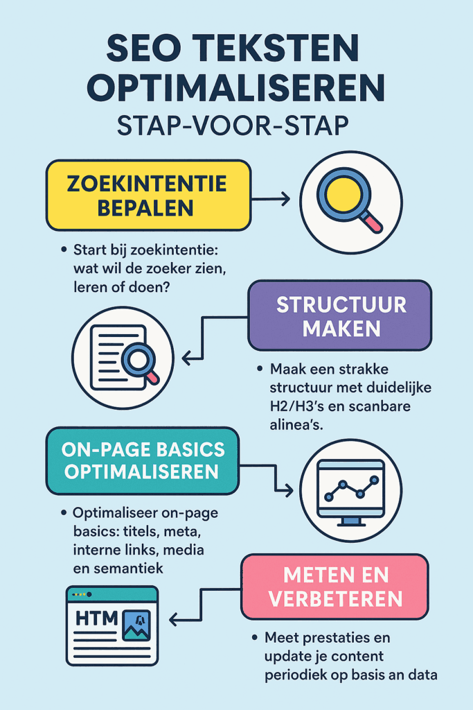 SEO teksten optimaliseren – infographic met zoekintentie, structuur, on-page optimalisatie en meten met data
