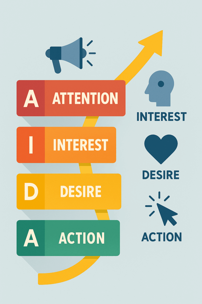 Infographic van het AIDA-model met de vier fasen Attention, Interest, Desire en Action, weergegeven als gekleurde blokken met pictogrammen en een opwaartse pijl die de conversiestroom visualiseert.