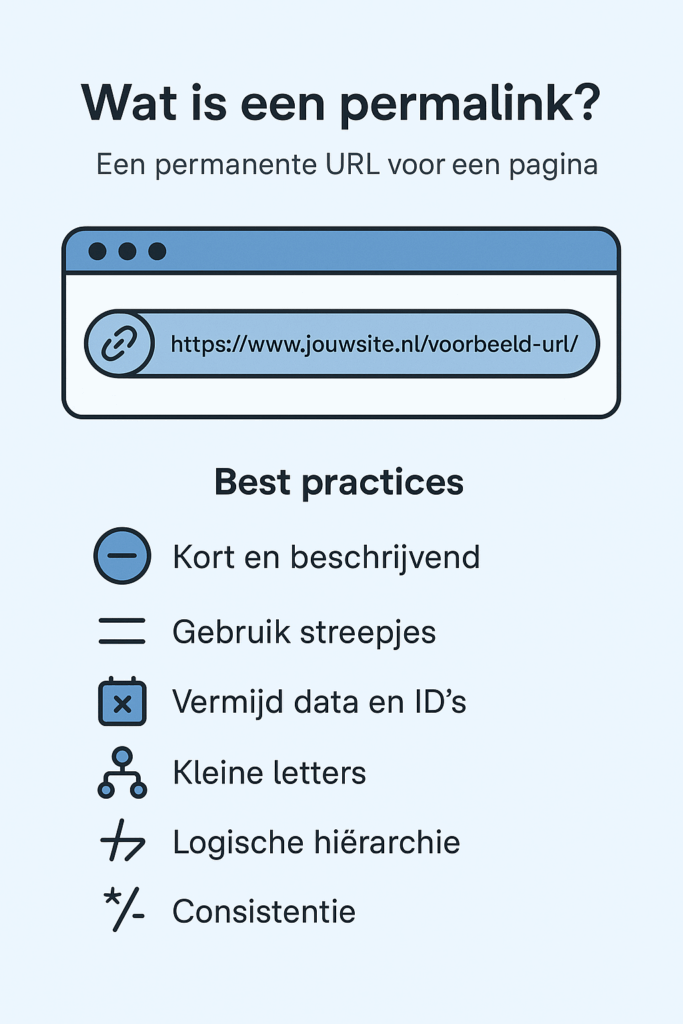 Illustratie van een permalink met een voorbeeld-URL in een browserbalk en een lijst met best practices zoals korte beschrijvende URL’s, streepjes gebruiken en consistentie voor SEO.