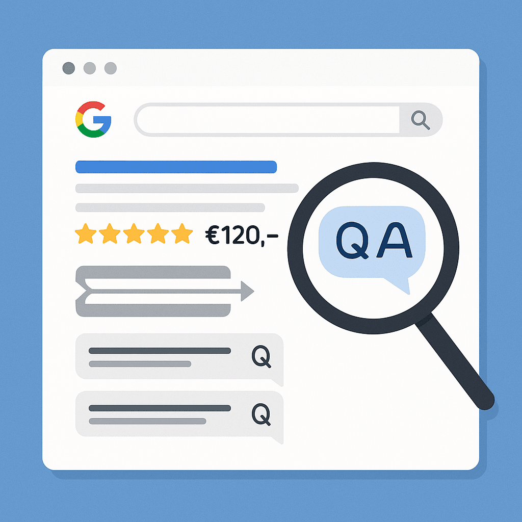Illustratie van Google-zoekresultaten met rich snippets, inclusief sterrenbeoordeling, prijs, breadcrumbs en FAQ-vragen, met een vergrootglas dat de Q&A-sectie benadrukt.