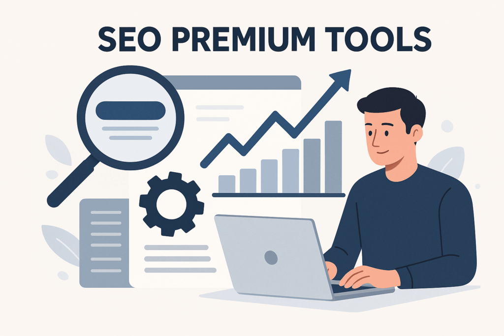 Illustratie van SEO premium tools met man achter laptop, vergrootglas, tandwiel en stijgende grafiek die data-analyse en groei symboliseren